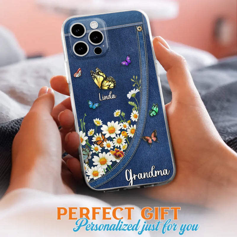 Custom Personalized Daisy And Butterfly Grandma Phone Case - Gift Idea For Grandma - Upto 10 Kids - Case For iPhone/Samsung