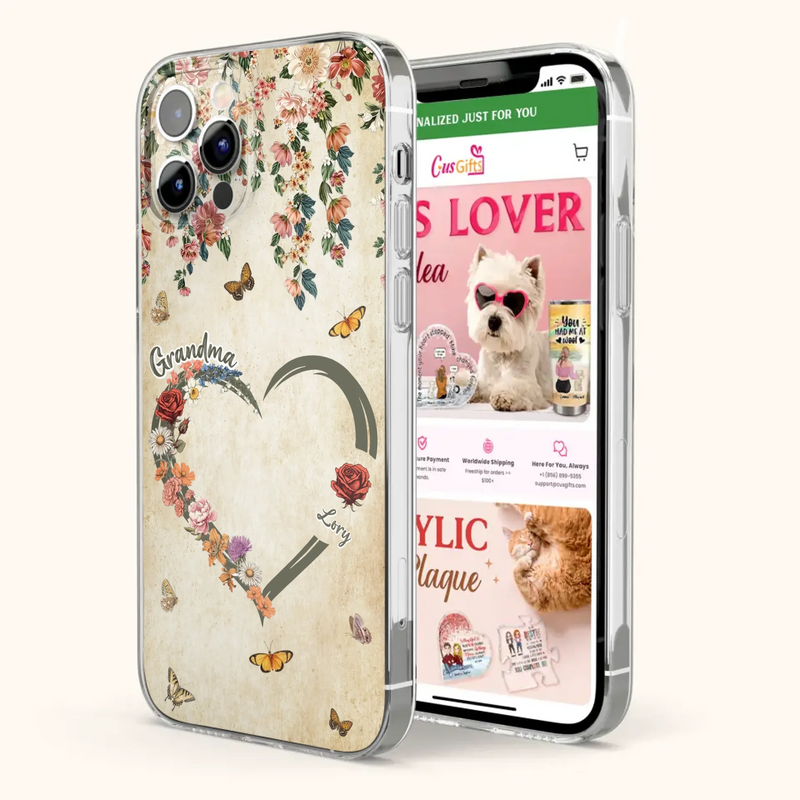 Custom Personalized Floral Heart Grandma Mom Vintage Birth Month Flower Phone Case - Up to 10 Kids - Mother's Day Gift Idea for Mom/Grandma - Case For iPhone/ Samsung