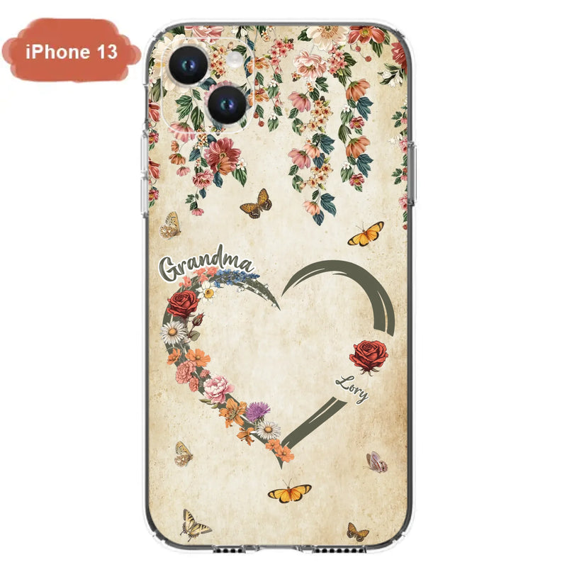 Custom Personalized Floral Heart Grandma Mom Vintage Birth Month Flower Phone Case - Up to 10 Kids - Mother's Day Gift Idea for Mom/Grandma - Case For iPhone/ Samsung