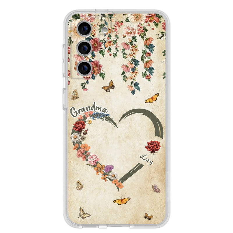 Custom Personalized Floral Heart Grandma Mom Vintage Birth Month Flower Phone Case - Up to 10 Kids - Mother's Day Gift Idea for Mom/Grandma - Case For iPhone/ Samsung