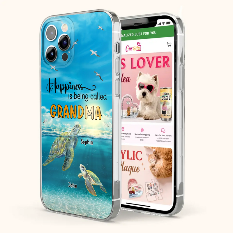 Custom Personalized Grandma Mom Turtle Phone Case - Gift Idea For Grandma - Up to 10 Kids - Happiness Is Being Called Grandma - Case For iPhone, Samsung