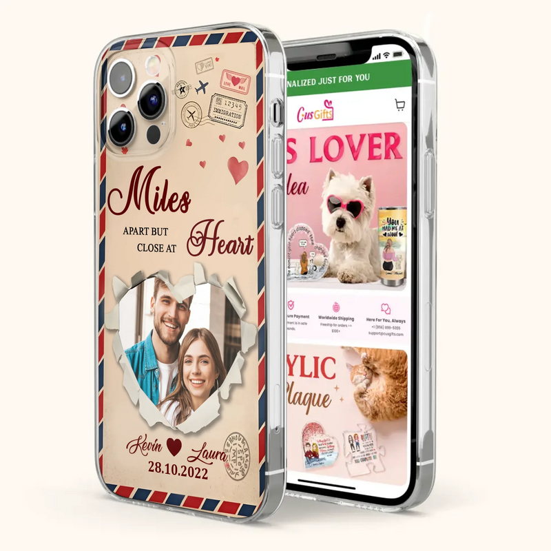 Custom Personalized Couple Phone Case - Gift Idea For Couple/ Valentines Day - Upload Photo - Miles Apart But Close At Heart - Case For iPhone/ Samsung