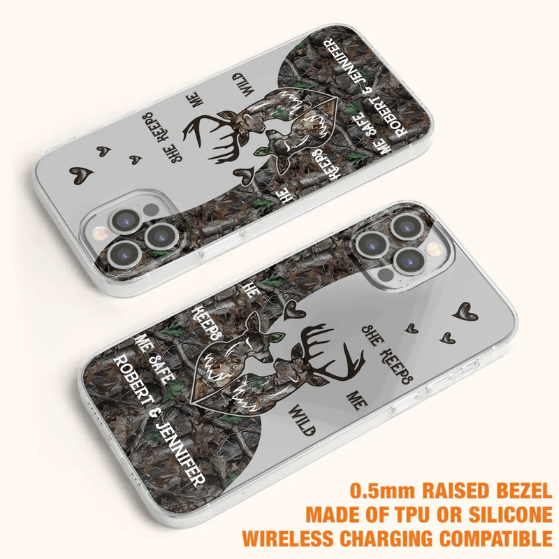 Custom Personalized Deer Couple Phone Case - Gift Idea For Couple - He Keeps Me Safe She Keeps Me Wild - Case For iPhone/Samsung