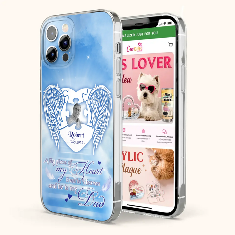Custom Personalized Memorial Photo Phone Case - Memorial Gift Idea For Family - A Big Piece Of My Heart Lives In Heaven And He Is My Dad - Case For iPhone/Samsung