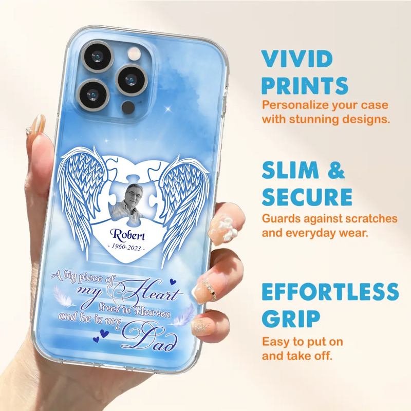 Custom Personalized Memorial Photo Phone Case - Memorial Gift Idea For Family - A Big Piece Of My Heart Lives In Heaven And He Is My Dad - Case For iPhone/Samsung