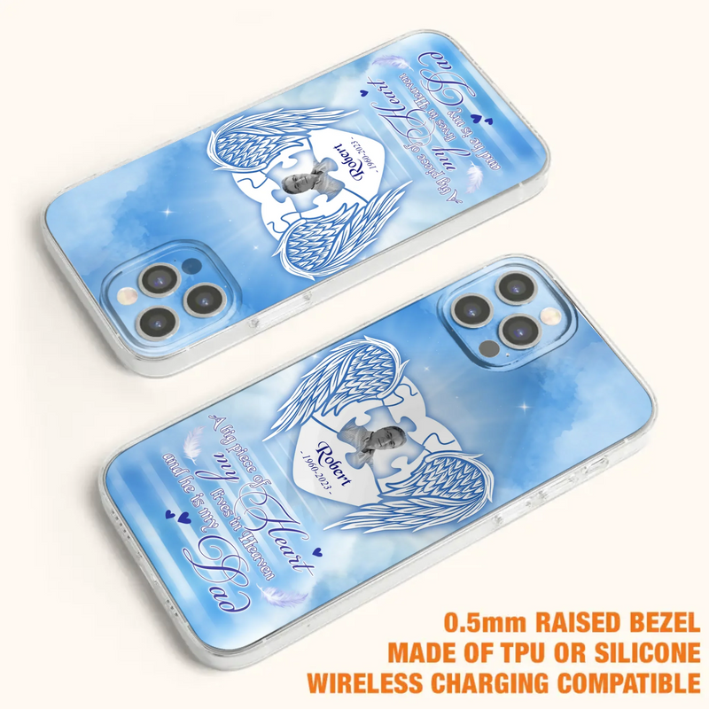 Custom Personalized Memorial Photo Phone Case - Memorial Gift Idea For Family - A Big Piece Of My Heart Lives In Heaven And He Is My Dad - Case For iPhone/Samsung