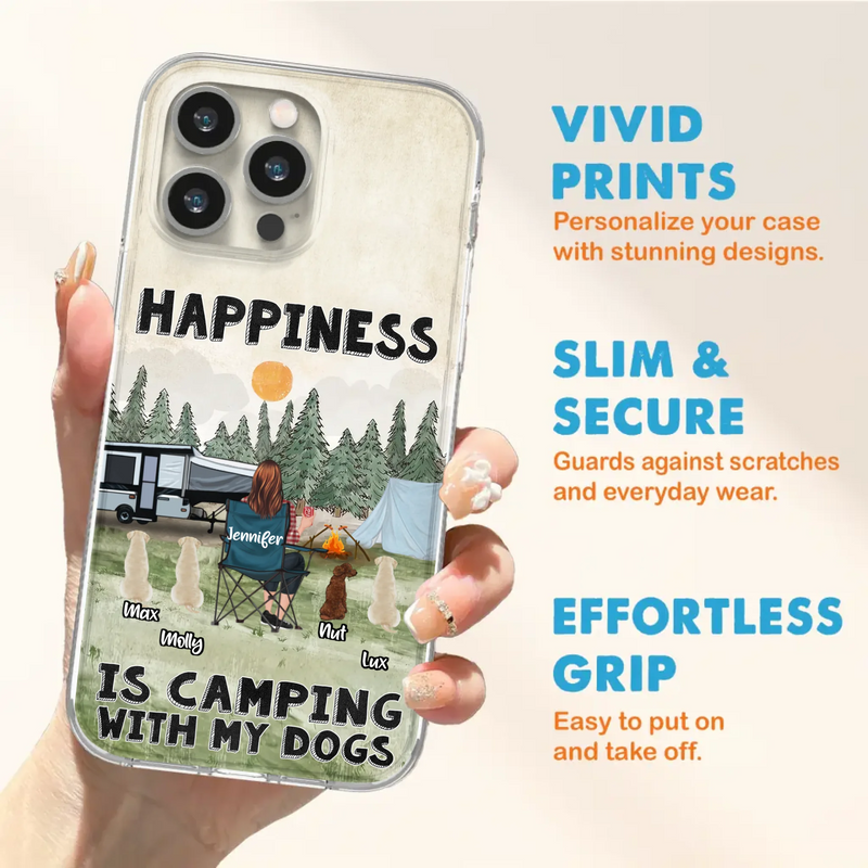 Personalized Camping Phone Case - Gift Idea For Girl & Dogs - Upto 4 Dogs - Happiness Is Camping With My Dogs - Case For iPhone/Samsung