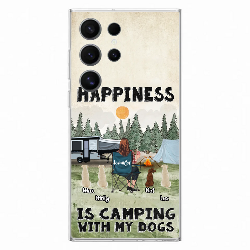 Personalized Camping Phone Case - Gift Idea For Girl & Dogs - Upto 4 Dogs - Happiness Is Camping With My Dogs - Case For iPhone/Samsung