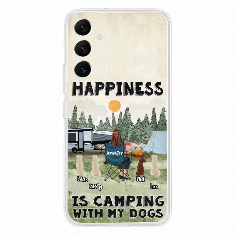Personalized Camping Phone Case - Gift Idea For Girl & Dogs - Upto 4 Dogs - Happiness Is Camping With My Dogs - Case For iPhone/Samsung