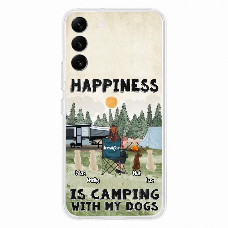 Personalized Camping Phone Case - Gift Idea For Girl & Dogs - Upto 4 Dogs - Happiness Is Camping With My Dogs - Case For iPhone/Samsung