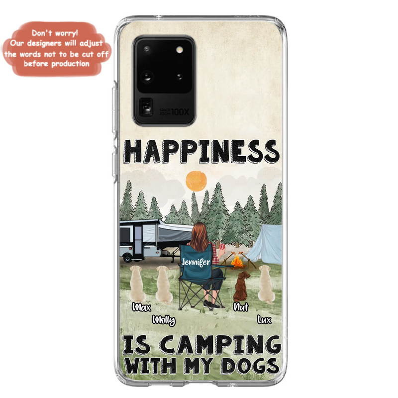 Personalized Camping Phone Case - Gift Idea For Girl & Dogs - Upto 4 Dogs - Happiness Is Camping With My Dogs - Case For iPhone/Samsung