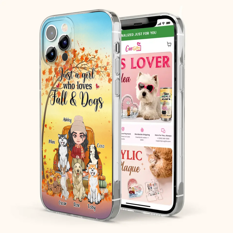 Custom Personalized Dog Mom Fall Season Phone Case - Autumn Gift Idea For Dog Owners - Upto 5 Dogs -  Case For iPhone/Samsung - Just A Girl Who Loves Fall & Dogs
