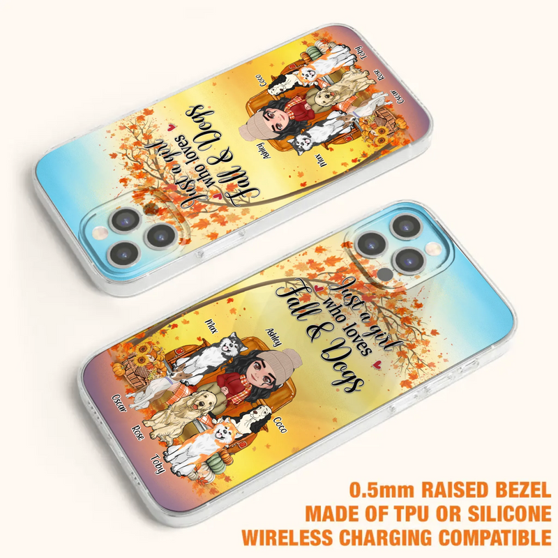 Custom Personalized Dog Mom Fall Season Phone Case - Autumn Gift Idea For Dog Owners - Upto 5 Dogs -  Case For iPhone/Samsung - Just A Girl Who Loves Fall & Dogs