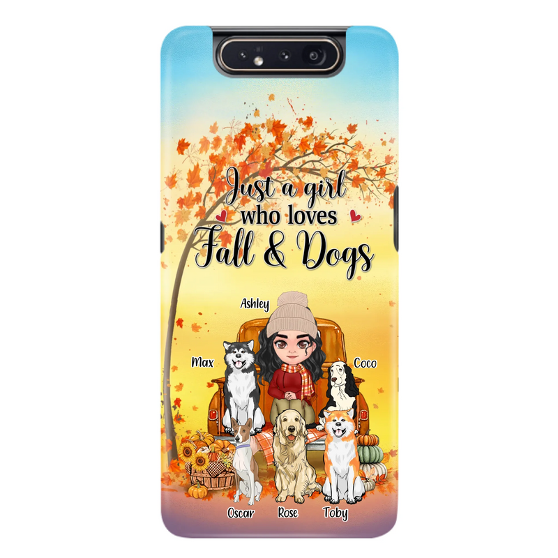 Custom Personalized Dog Mom Fall Season Phone Case - Autumn Gift Idea For Dog Owners - Upto 5 Dogs -  Case For iPhone/Samsung - Just A Girl Who Loves Fall & Dogs