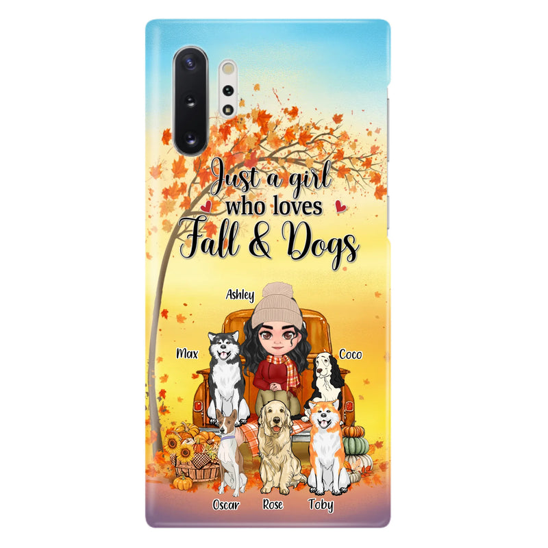 Custom Personalized Dog Mom Fall Season Phone Case - Autumn Gift Idea For Dog Owners - Upto 5 Dogs -  Case For iPhone/Samsung - Just A Girl Who Loves Fall & Dogs