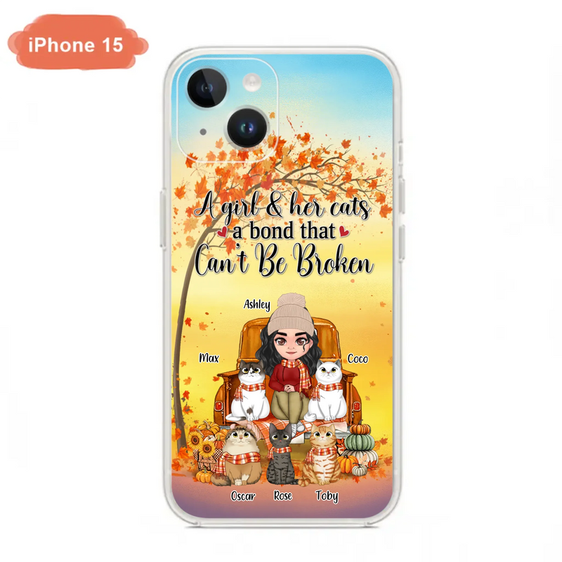 Custom Personalized Cat Mom Fall Season Phone Case - Gift Idea For Cat Owners - Upto 5 Cats -  Case For iPhone/Samsung - A Girl & Her Cats A Bond That Can't Be Broken