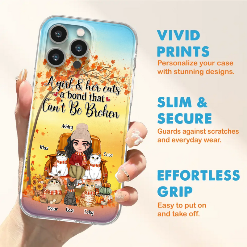 Custom Personalized Cat Mom Fall Season Phone Case - Gift Idea For Cat Owners - Upto 5 Cats -  Case For iPhone/Samsung - A Girl & Her Cats A Bond That Can't Be Broken