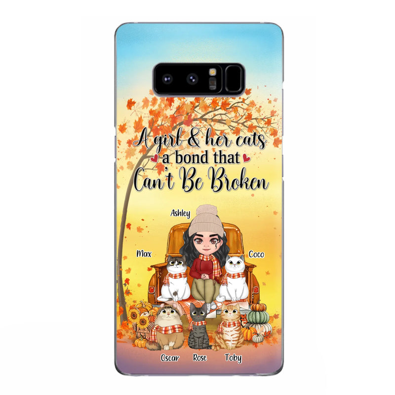 Custom Personalized Cat Mom Fall Season Phone Case - Gift Idea For Cat Owners - Upto 5 Cats -  Case For iPhone/Samsung - A Girl & Her Cats A Bond That Can't Be Broken