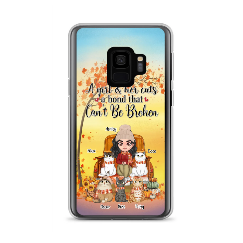 Custom Personalized Cat Mom Fall Season Phone Case - Gift Idea For Cat Owners - Upto 5 Cats -  Case For iPhone/Samsung - A Girl & Her Cats A Bond That Can't Be Broken