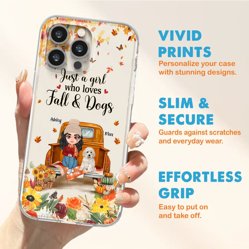Custom Personalized Dog Mom Autumn Phone Case - Gift Idea For Dog Owners - Upto 5 Dogs -  Case For iPhone/Samsung - Just A Girl Who Loves Fall & Dogs