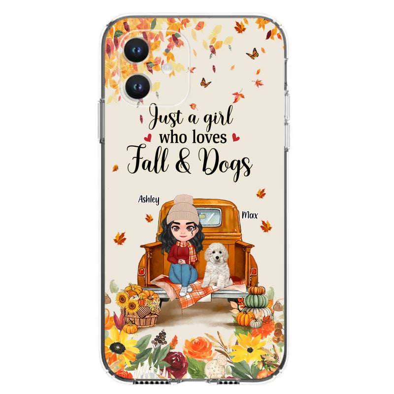 Custom Personalized Dog Mom Autumn Phone Case - Gift Idea For Dog Owners - Upto 5 Dogs -  Case For iPhone/Samsung - Just A Girl Who Loves Fall & Dogs