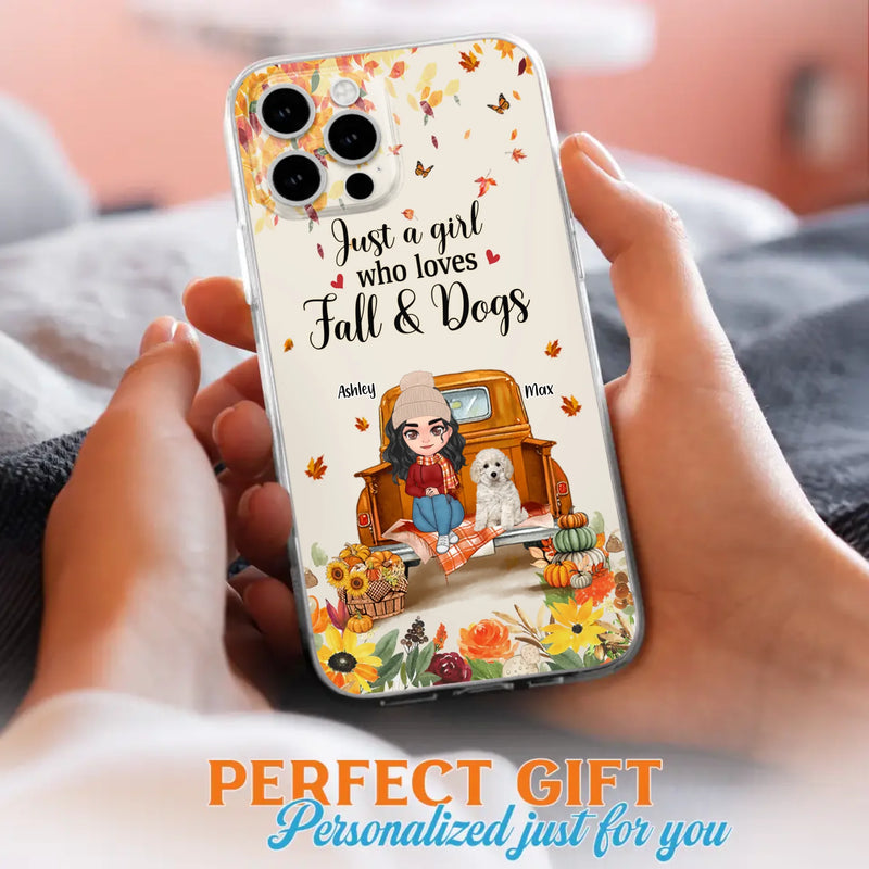 Custom Personalized Dog Mom Autumn Phone Case - Gift Idea For Dog Owners - Upto 5 Dogs -  Case For iPhone/Samsung - Just A Girl Who Loves Fall & Dogs