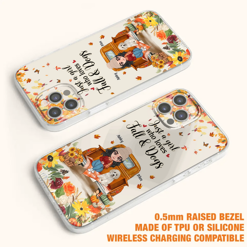 Custom Personalized Dog Mom Autumn Phone Case - Gift Idea For Dog Owners - Upto 5 Dogs -  Case For iPhone/Samsung - Just A Girl Who Loves Fall & Dogs