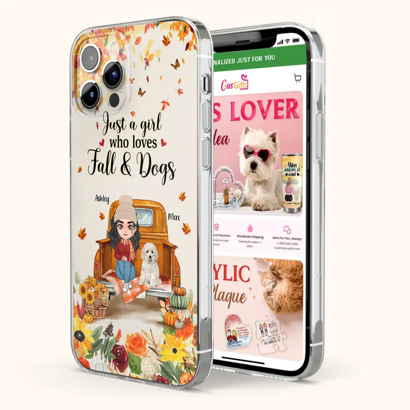 Custom Personalized Dog Mom Autumn Phone Case - Gift Idea For Dog Owners - Upto 5 Dogs -  Case For iPhone/Samsung - Just A Girl Who Loves Fall & Dogs