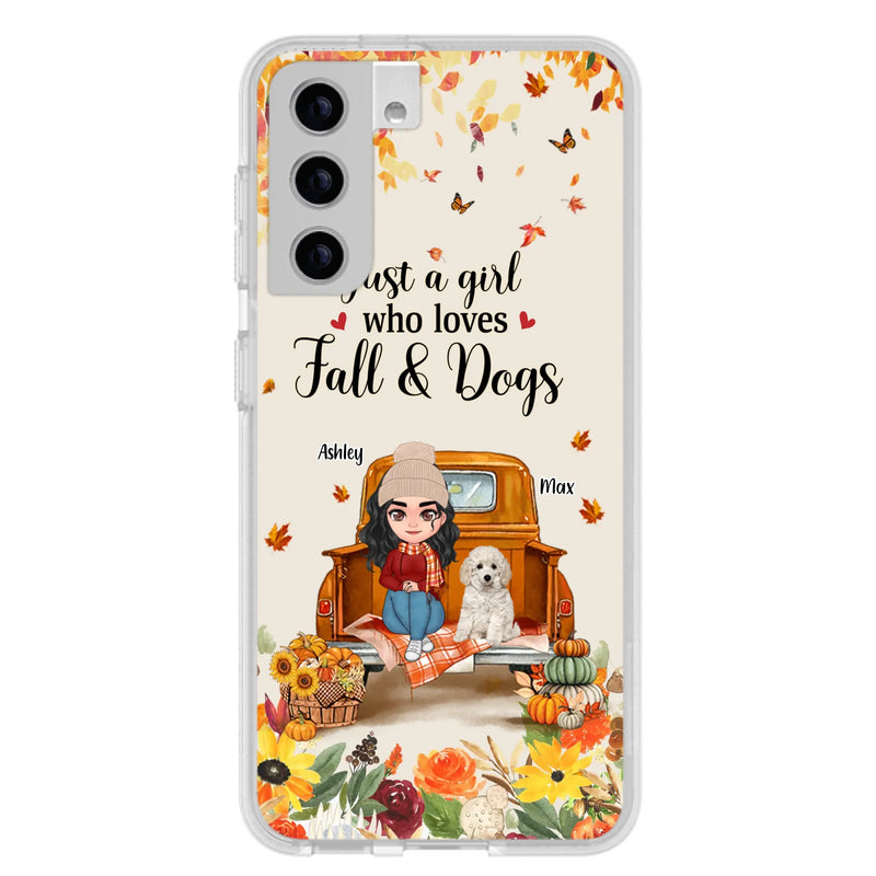 Custom Personalized Dog Mom Autumn Phone Case - Gift Idea For Dog Owners - Upto 5 Dogs -  Case For iPhone/Samsung - Just A Girl Who Loves Fall & Dogs