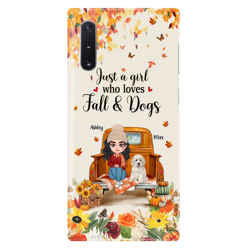 Custom Personalized Dog Mom Autumn Phone Case - Gift Idea For Dog Owners - Upto 5 Dogs -  Case For iPhone/Samsung - Just A Girl Who Loves Fall & Dogs