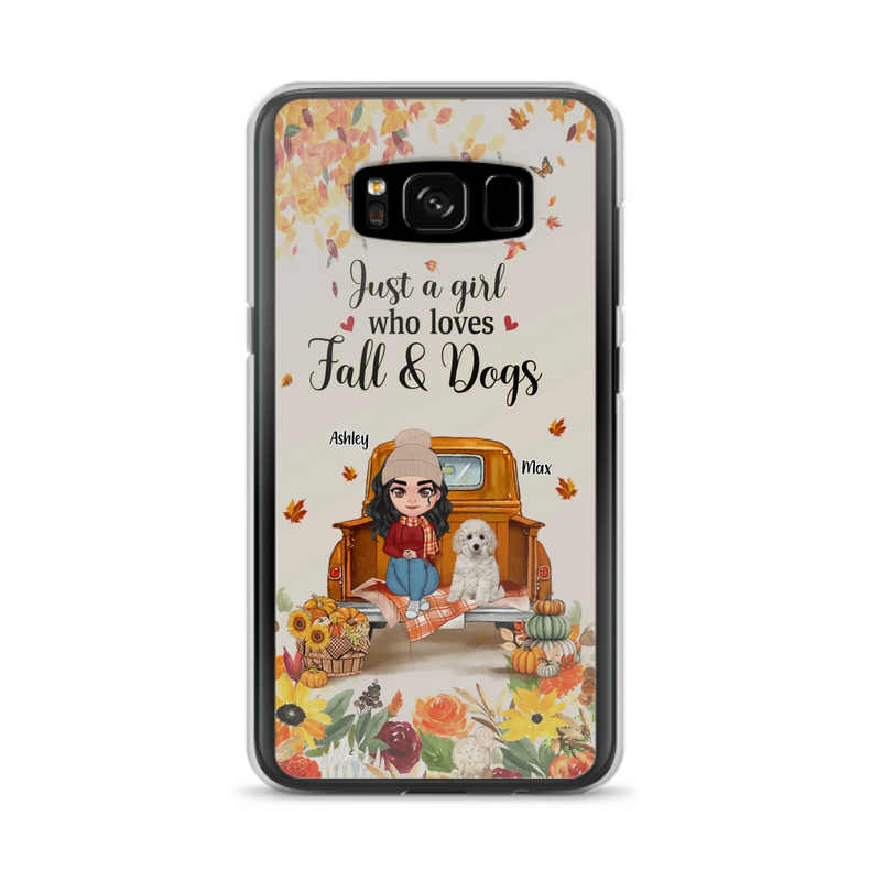 Custom Personalized Dog Mom Autumn Phone Case - Gift Idea For Dog Owners - Upto 5 Dogs -  Case For iPhone/Samsung - Just A Girl Who Loves Fall & Dogs