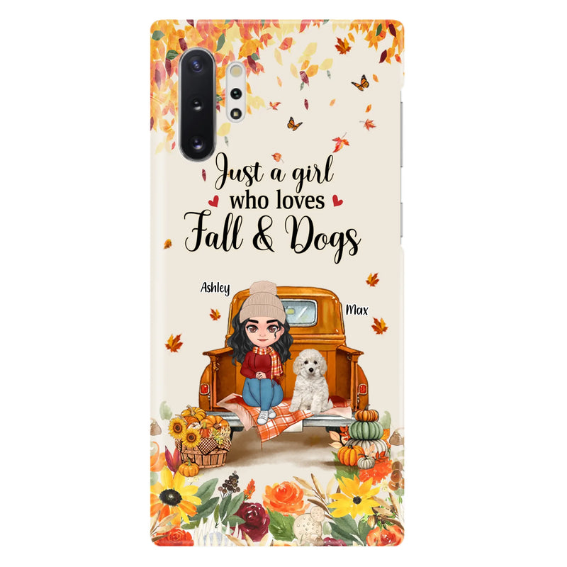 Custom Personalized Dog Mom Autumn Phone Case - Gift Idea For Dog Owners - Upto 5 Dogs -  Case For iPhone/Samsung - Just A Girl Who Loves Fall & Dogs