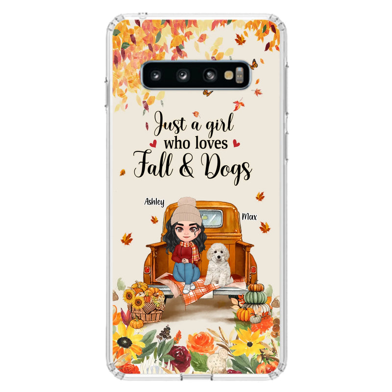 Custom Personalized Dog Mom Autumn Phone Case - Gift Idea For Dog Owners - Upto 5 Dogs -  Case For iPhone/Samsung - Just A Girl Who Loves Fall & Dogs