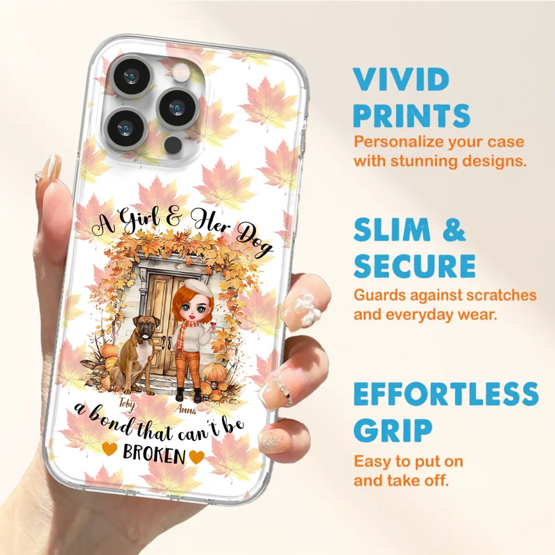 Custom Personalized Fall And Dogs Phone Case - Gift Idea for Dog Lovers - Upto 6 Dogs - A Girl & Her Dogs A Bond That Can't Be Broken - Case For iPhone And Samsung