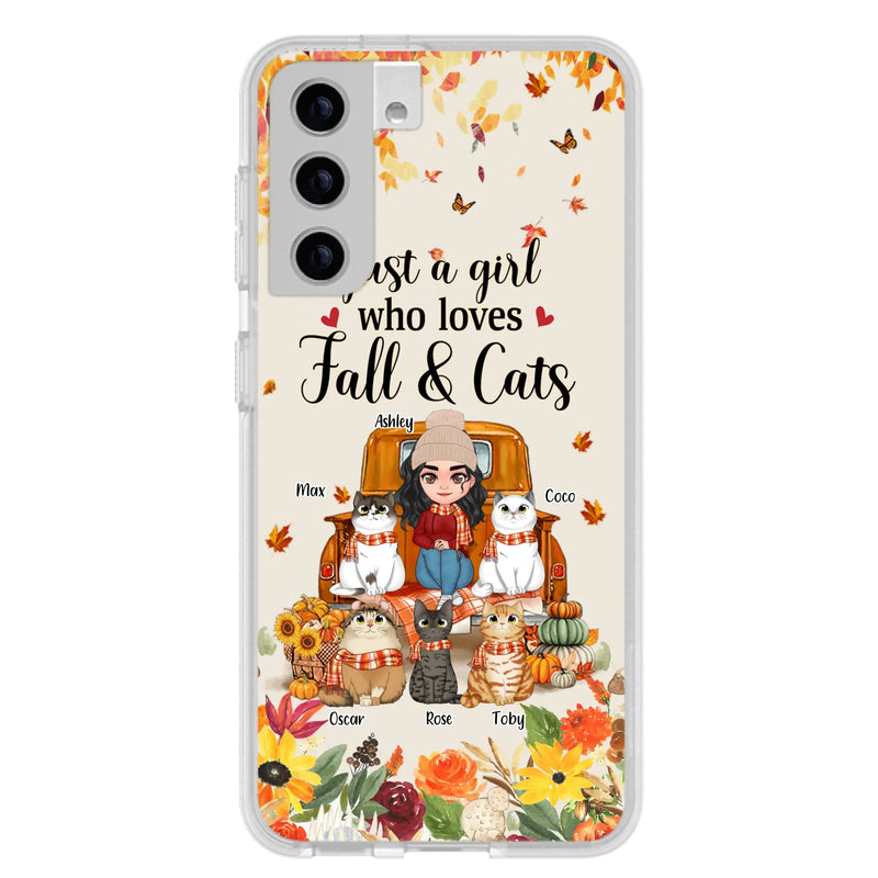 Custom Personalized Cat Mom Autumn Phone Case - Gift Idea For Cat Owners - Upto 5 Cats -  Case For iPhone/Samsung - Just A Girl Who Loves Fall & Cats