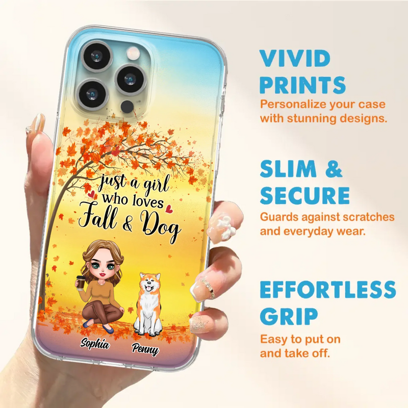 Custom Personalized Dog Mom Phone Case - Gift Idea For Dog Lovers/ Autumn Gift - Upto 4 Dogs - Just A Girl Who Loves Fall & Dogs - Case For iPhone/Samsung