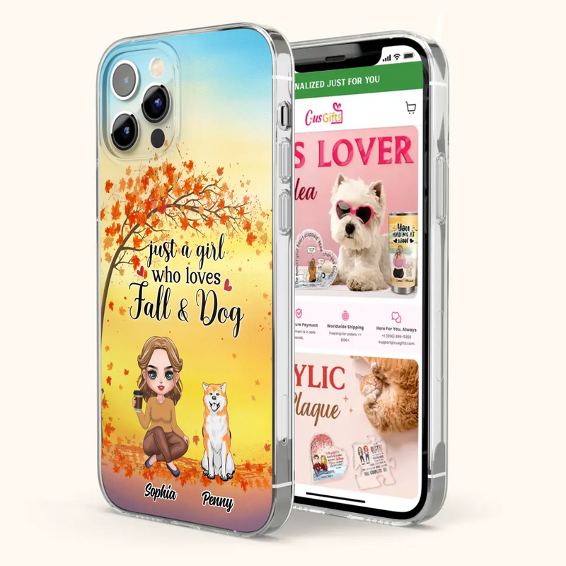 Custom Personalized Dog Mom Phone Case - Gift Idea For Dog Lovers/ Autumn Gift - Upto 4 Dogs - Just A Girl Who Loves Fall & Dogs - Case For iPhone/Samsung