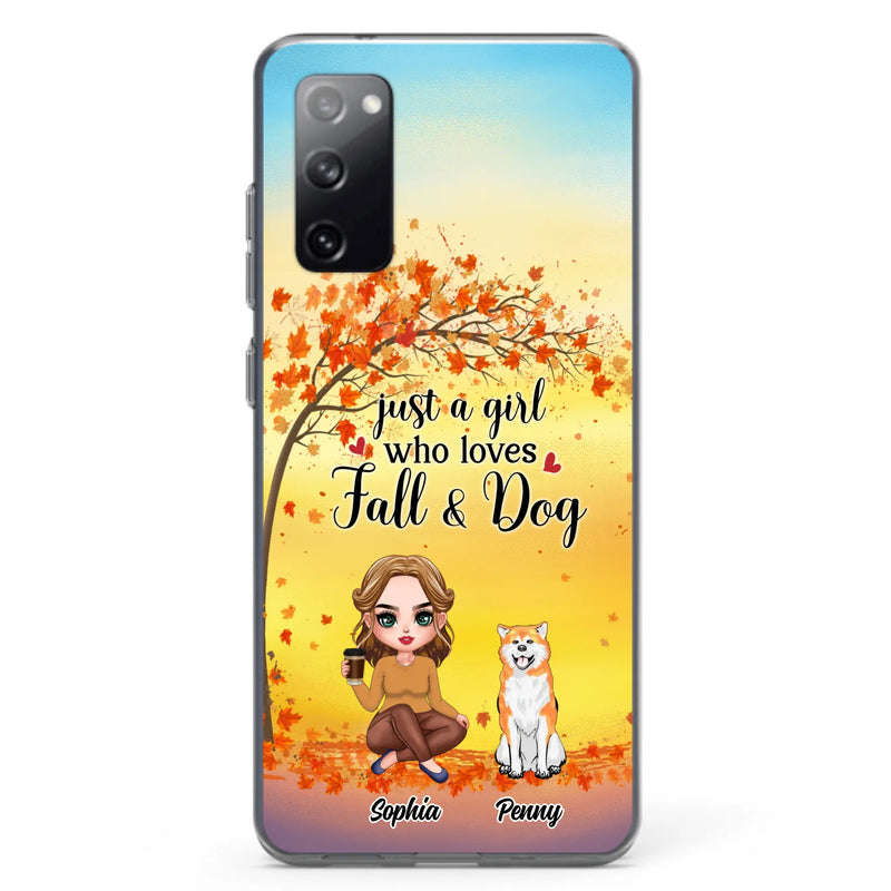 Custom Personalized Dog Mom Phone Case - Gift Idea For Dog Lovers/ Autumn Gift - Upto 4 Dogs - Just A Girl Who Loves Fall & Dogs - Case For iPhone/Samsung