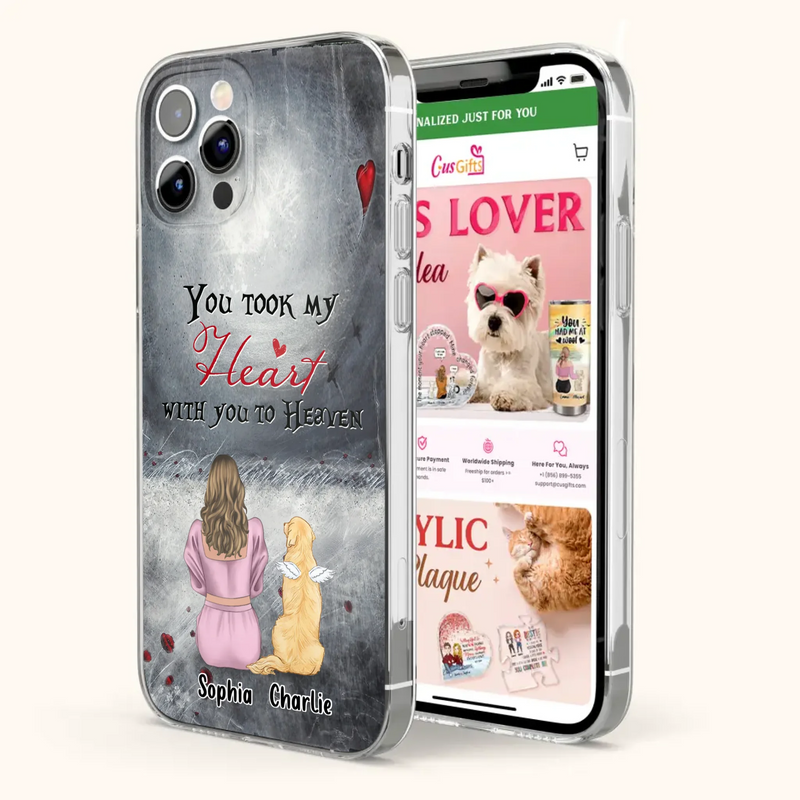 Custom Personalized Memorial Dog Mom Phone Case - Upto 5 Dogs - Memorial Gift Idea for Dog Lovers - You Took My Heart With You To Heaven - Case For iPhone And Samsung