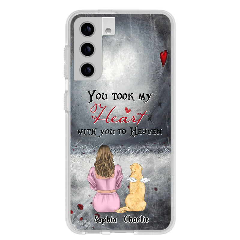Custom Personalized Memorial Dog Mom Phone Case - Upto 5 Dogs - Memorial Gift Idea for Dog Lovers - You Took My Heart With You To Heaven - Case For iPhone And Samsung