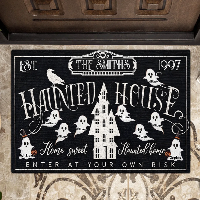 Personalized Haunted House Halloween Doormat - Custom Family Name Ghost Welcome Mat - Home Sweet Haunted Home Spooky Front Door Decor