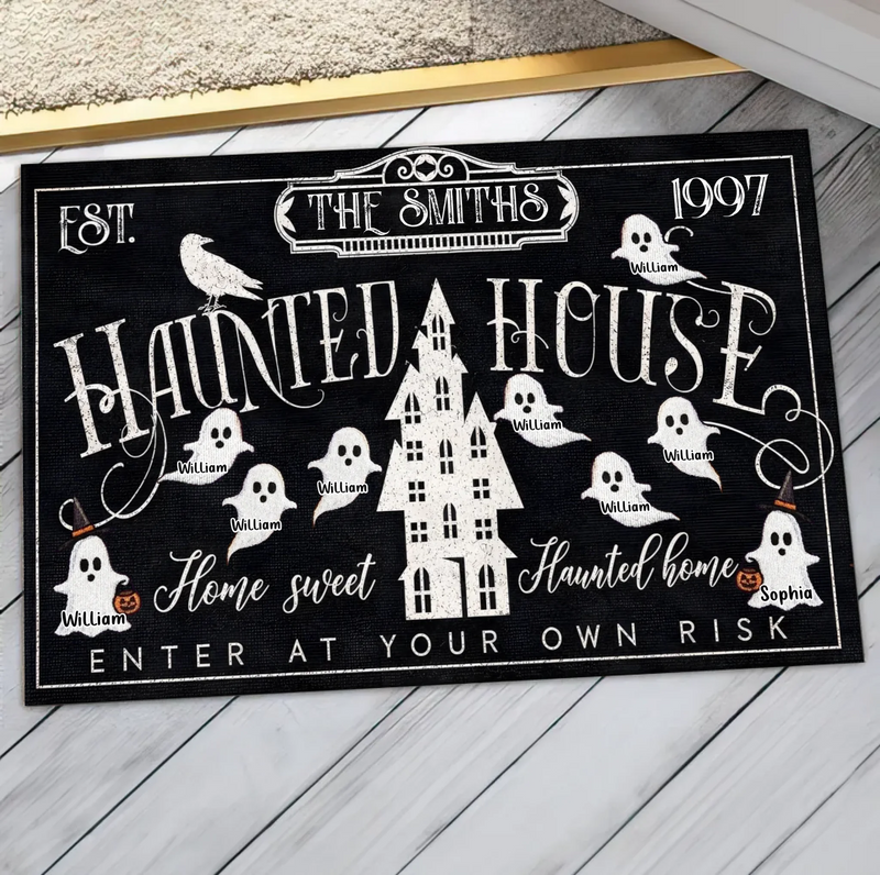 Personalized Haunted House Halloween Doormat - Custom Family Name Ghost Welcome Mat - Home Sweet Haunted Home Spooky Front Door Decor