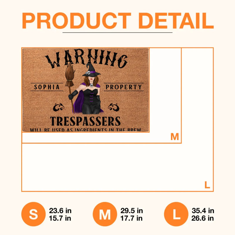 Personalized Witch Halloween Doormat – Custom Name Warning Trespassers Witch Welcome Mat – Spooky Front Door & Porch Decor