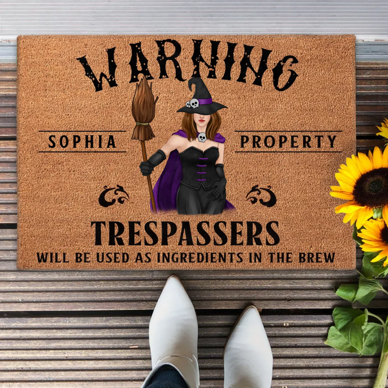 Personalized Witch Halloween Doormat – Custom Name Warning Trespassers Witch Welcome Mat – Spooky Front Door & Porch Decor