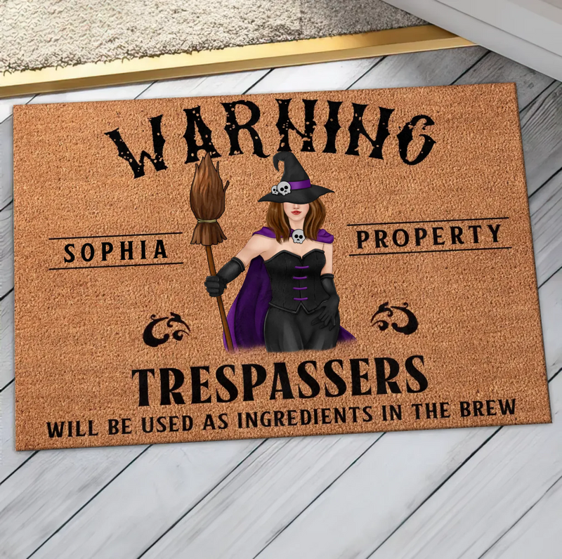 Personalized Witch Halloween Doormat – Custom Name Warning Trespassers Witch Welcome Mat – Spooky Front Door & Porch Decor