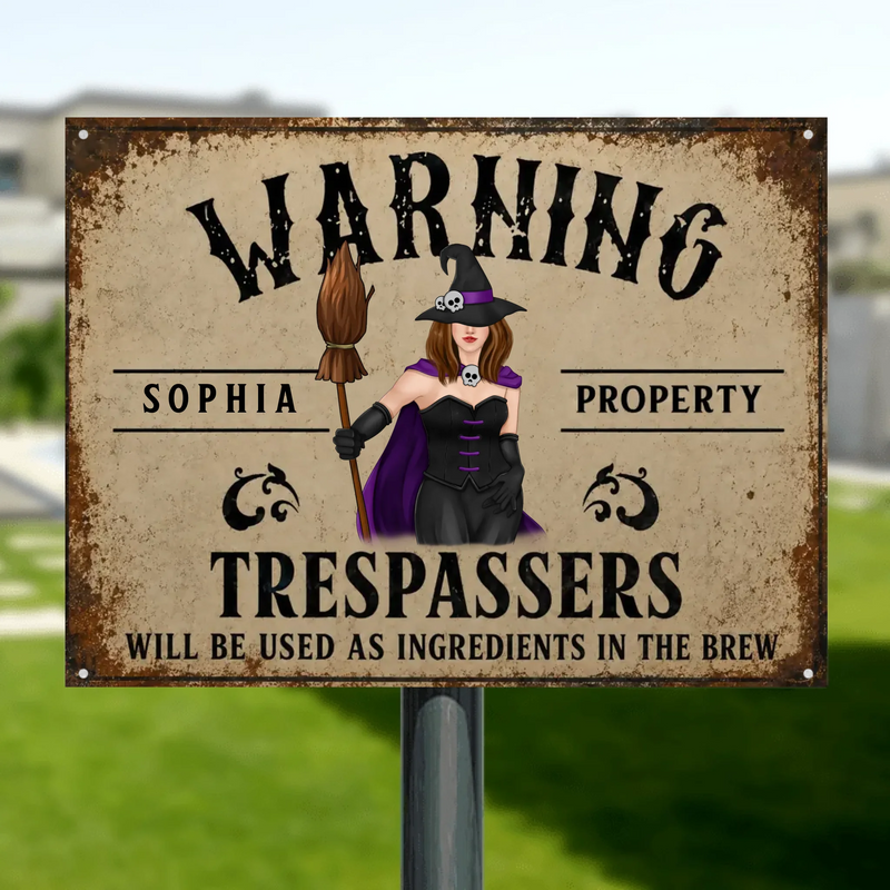 Personalized Witch Halloween Metal Sign – Custom Name Warning Trespassers Witch Property Sign – Spooky Outdoor Yard & Porch Decor