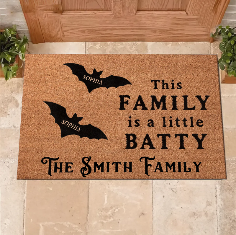 Personalized Bat Family Halloween Doormat – Custom Family Name & Names - This Family Is a Little Batty – Spooky Front Door Decor