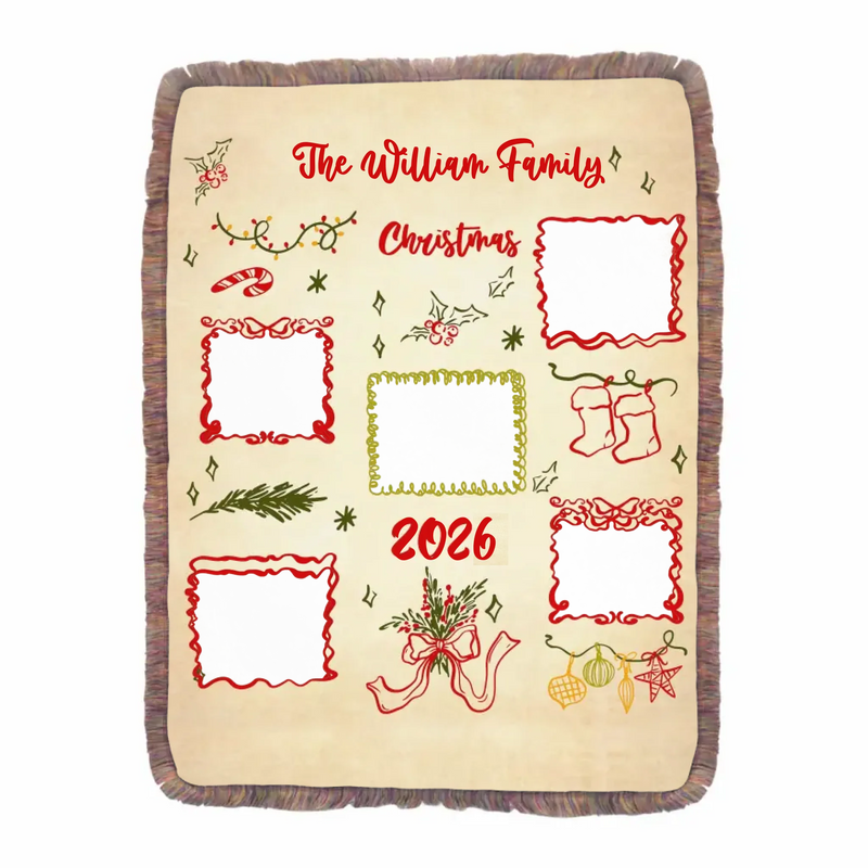 Personalized Family Christmas Fringe Blanket - Custom Name & Up to 5 Photos - Cozy Holiday Gift for Families - Christmas 2025