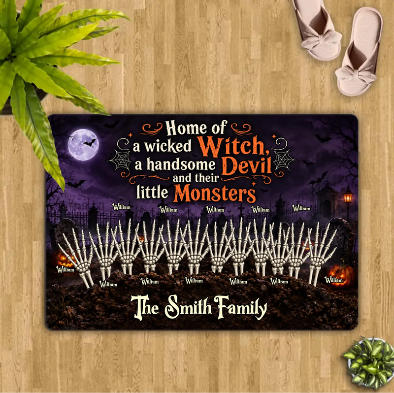 Personalized Spooky Hand Family Doormat – Halloween Gift Idea - Home Of A Wicked Witch, A Handsome Devil And Their Little Monsters
