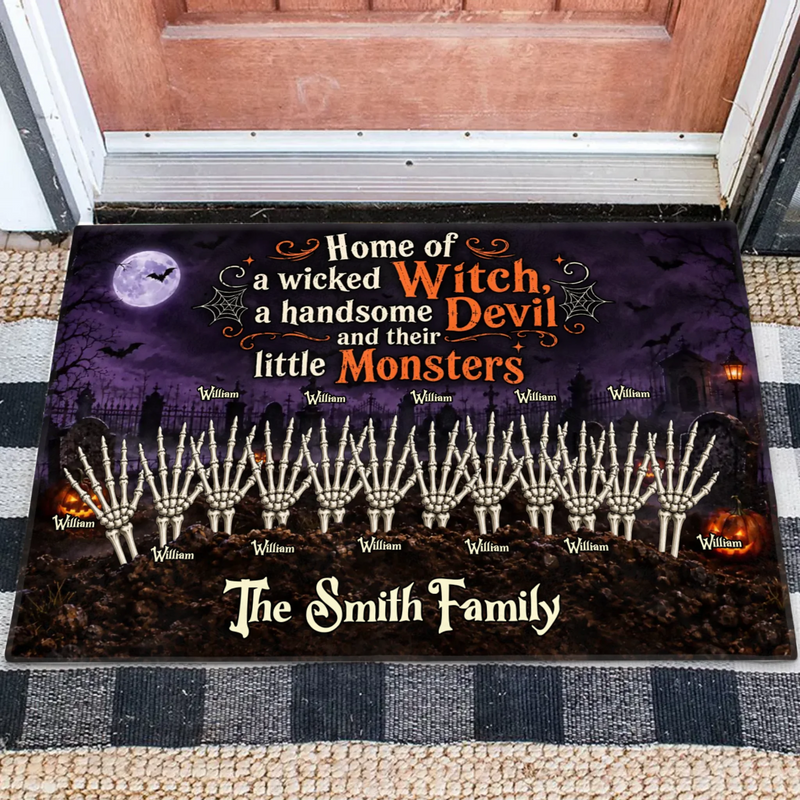 Personalized Spooky Hand Family Doormat – Halloween Gift Idea - Home Of A Wicked Witch, A Handsome Devil And Their Little Monsters